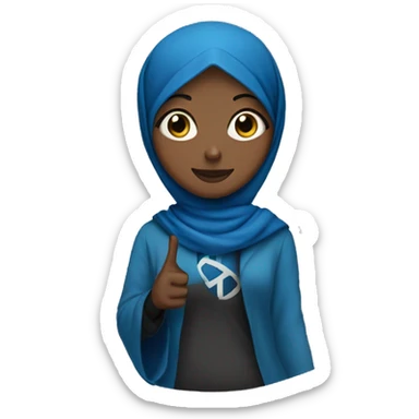 Black Hijabi in blue holding a peace sign sticker