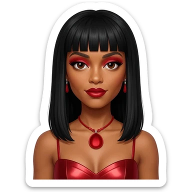 Kelly Rowland with dark brown eyes, red eyeshadow and lipstick, long black straight hair with bang, red metallic sweetheart dress, red necklace and earrings sticker