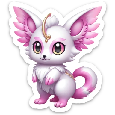 Shiny epic glittery iridescent divine white gold pink animal-fakemon-creature with head-ear-wings, cute, adorable, big eyes, fluffy tail sticker