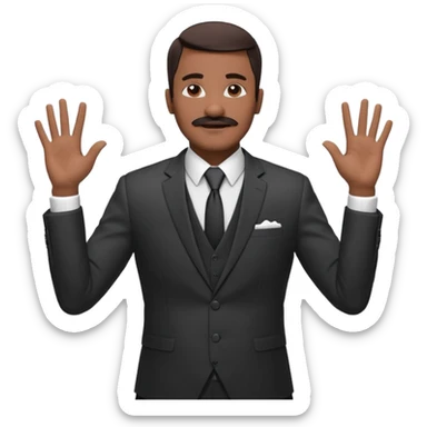 

“A confident man with medium-dark skin tone wearing a suit, tie, and vest, holding both hands up with fingers spread, making a ‘calm down’ or ‘I’m just saying’ gesture. His eyes are closed, and he has a mustache, giving a vibe of laid-back confidence or mock innocence. sticker