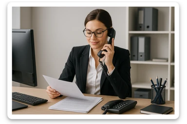 professional woman secretary at desk with telephone and papers, office environment sticker