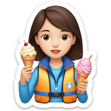 girl brunet kid wearing lifejacket, holding ice cream sticker