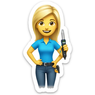 happy Female holding a screwdriver in hand with blonde hair standing sideways wearing a bright blue shirt sticker