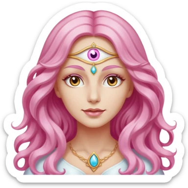Pleiadian radiant glowing diva goddess woman female with third eye but light brown eyes and pink and white long wavy hair sticker