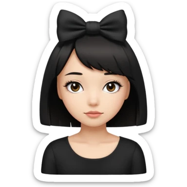 Girl with black cute bob cut with a black top and a bow on her head with long lashes sticker