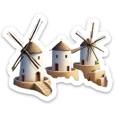 ​Cinematic Realistic Spanish Windmills (Mota del Cuervo), depicted as a cluster of gracefully aged windmills with weathered whitewashed facades and rustic wooden sails, standing proudly on a sunlit, rolling hillside of golden fields and olive groves, rendered with intricate textures and soft natural lighting that captures the timeless rural charm and historical significance of the Spanish landscape, sticker