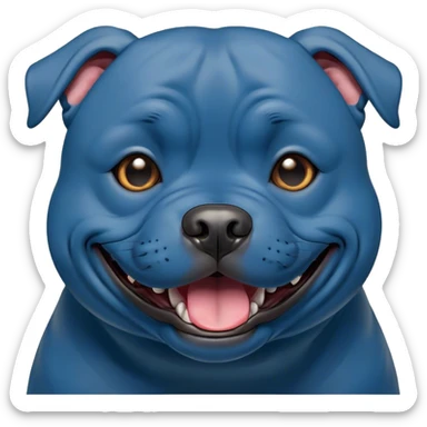 Cinematic Comical Blue Staffordshire Bull Terrier Portrait Emoji, Head tilted dramatically with an exaggeratedly amused expression, featuring a striking blue Fur with a subtle shimmer, wide, expressive dark eyes filled with playful disbelief, Simplified yet hilariously expressive features, highly detailed, glowing with a slightly sassy glow, high shine, dramatic yet playful, stylized with an air of cheeky mischief, bright and endearing, soft glowing outline, capturing the essence of a spirited and over-the-top guardian, so meme-worthy it feels like it could side-eye its way into internet fame instantly! sticker
