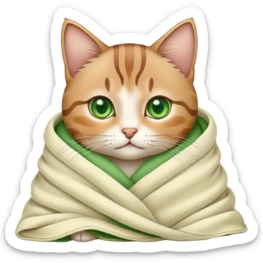 Cute tabby cat with green eyes wrapped in a blanket sticker