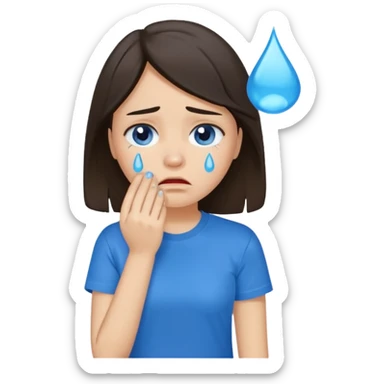 sad brunette girl crying with blue tears wearing a blue tshirt sticker