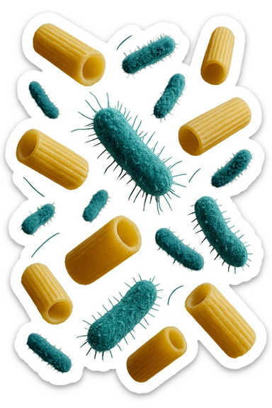 SEI BATTERI intestinALI FLUTTUANO IN ARIA CON PENNE DI PASTA RIGATE, IPERREALISTICO 4K sticker