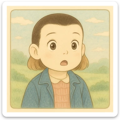 Eleven from Stranger Things with a surprised expression, simple and delicate line art as in the reference drawing, colored in pastel tones, in Ghibli style, square 1:1 format. sticker
