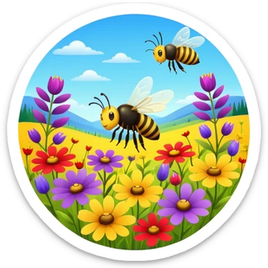 vibrant meadow with wildflowers and a buzzing bee, bright colors, rounded shapes sticker