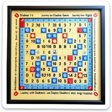 journey on a smaller area game board about Type 1 diabetes and aging, landing for hospital, a house and senior residential, advocacy, physical changes, coping skills for knowledge and ways of coping, Text: T1D to 100. Subtext: Aging with Type 1 diabetes, easy for seniors to see sticker