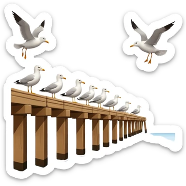 wharf with seagulls sideways profile view sticker