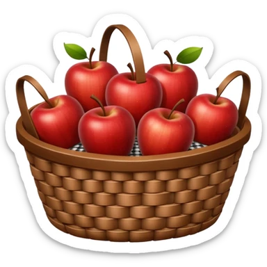 woven basket with apples and white checkered cloth, brown sticker