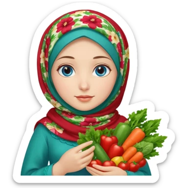 Turkish beautiful finish Konya girl blue eyes with floral mix hijab and green red dress and she had on her hand vegetables  sticker