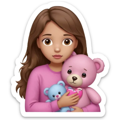 girl with long wavy brown hair, brown eyes, light to medium complexion, in a pink shirt, pink lips, long lashes, sad, hugging squeezing a teddy bear with bandaid hearts sticker