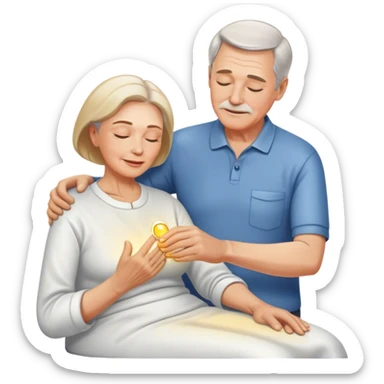 60-year-old white man massaging 60-year-old woman using oil sticker