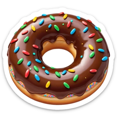 A glossy chocolate-glazed donut emoji with colorful sprinkles, rendered in a bright, clean, 3D cartoon style. Soft lighting, smooth texture, vibrant colors, and a playful, appetizing look. sticker