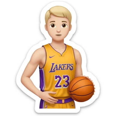 Joven con color de piel claro con uniforme de basquetball laker sosteniendo una pelota de basquet sticker