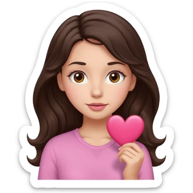 Can you show me an emoji of a girl with long wavy dark brown hair,brown eyes with long eyelashes, heart mixed with square shaped face, normal lips, wider nose then usual but still small, light blush and a pink tight shirt,kinda cartoonish emoji too  sticker