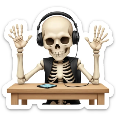 Mad skeleton at desk with black headphones on slamming his hand into his desk sticker
