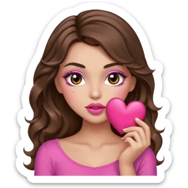 girl with long wavy brown hair, brown eyes, long lashes makeup, sexy pink lips, light to medium complexion, wearing a pink sexy top, sexy , puckering, blushing, kissing a heart sexy sticker