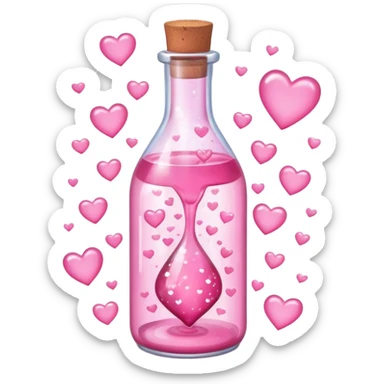 love spell. A cartoon a cute glass bottle with pink liquid, labeled “obsessed”, with hearts and sparkles swirling around. light pink dreamy vibe sticker
