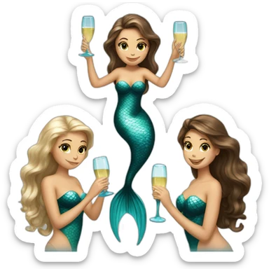 3 mermaids (2 brown hair with brown eyes and 1 blond with blue eyes) drinking champagne sticker
