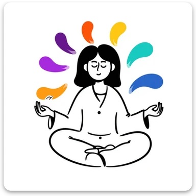 A person in a peaceful meditation pose with colorful rainbow waves of calmness radiating outward, representing mindfulness and stress relief. Vibrant hand-drawn doodle style with purples, blues, and warm tones. sticker