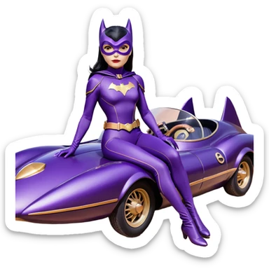  proportionally correct, real-appearance racing BatGirl’s feminine midnight-purple tight outfit sixty’s tv show 2032 stealth retro cat burglar sporty petite off-road pursuit hovering black hover cruiser car rose gold accents (black hair,reclined and relaxed seating position and attitude) desert sticker