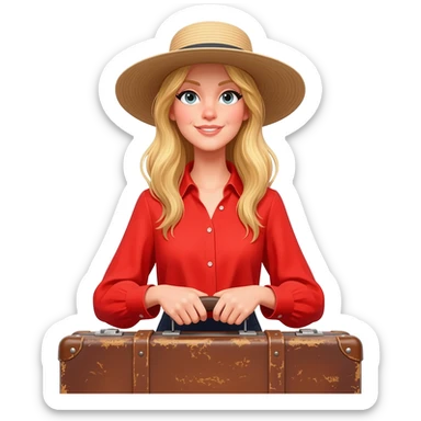 Blonde lady in a summer hat wearing red holding a suitcase. Torso only sticker