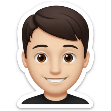 a white boy with dark brown hair, brown eyes, black septum nose piercing, black shirt sticker