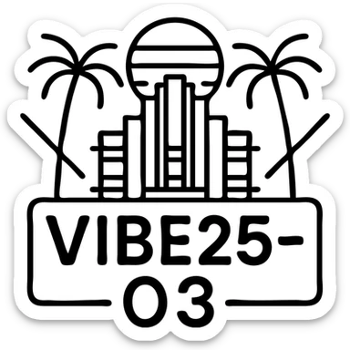 Make this VIBE25-03 logo more Miami Vice inspired by adding 80's Miami palm trees, art deco shapes, and a cool, stylish retro summer vibe, keeping it black and white with no background. sticker