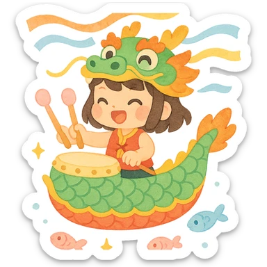 A chibi girl dressed as a dragon boat drummer, holding soft pastel drumsticks, standing in a fluffy dragon boat, colorful festival ribbons flying, sparkles and cute mini fish swimming below, soft pastel colors, watercolor texture, transparent background sticker