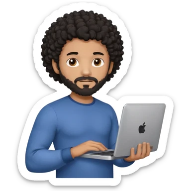 men holding his computer in hands. light brown skin men with curly black hair, dark brown eyes, little grown beard. ust a tiny bit muscular. dressed casual. round face. sticker