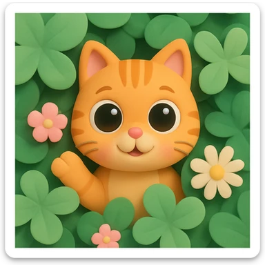 3D iOS style emoji of a cat surrounded by green clover leaves and flowers, similar to the reference image but in a 3D iOS style and in my style sticker