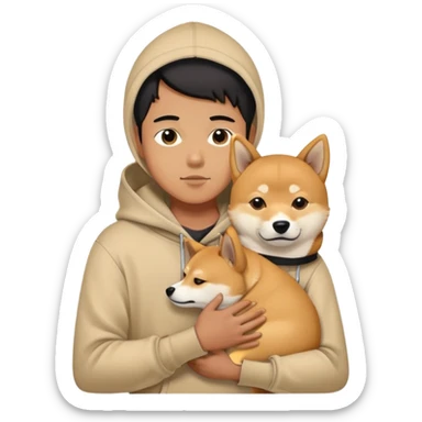 boy beige hoodie cuddling Shiba Inu and a black Shiba Inu sticker