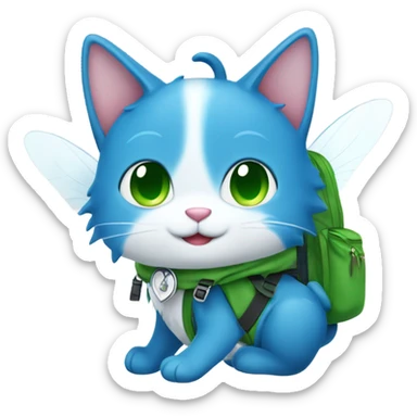 happy fairy tail blue cat with white wings and green backpack  sticker
