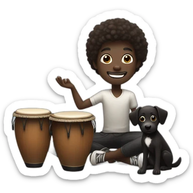 Dark skin guy with slightly receiding hair. Smiling playing bongos. With a black dog with brown spots, next to him  sticker