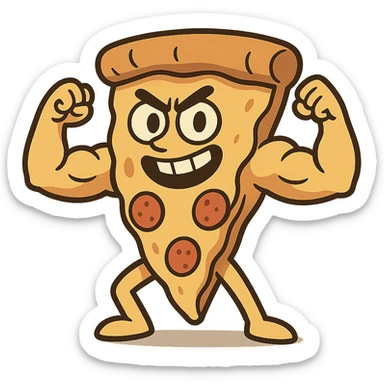 slice of pizza with strong arms, playful and dynamic, comic style sticker