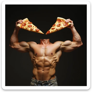slice of pizza with exaggerated biceps, photorealistic, dramatic lighting sticker
