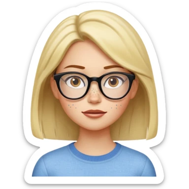 Emoji-style character illustration, inspired by expressive Pixar-style emotions. A slim female character with light skin and visible freckles, strong and confident facial expression. hair, stylish, medium length, glasses ,facial expressiveness inspired by the character Envy from Inside Out,  sticker