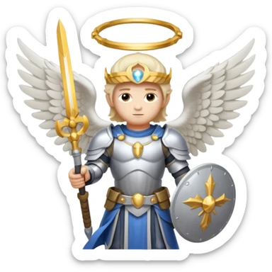 Michael the archangel is usually shown in emoji form as a brave, armored figure with a bright halo, wings, and a weapon.  sticker