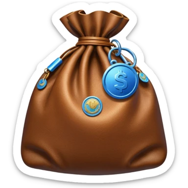 brown money bag with a blue coin  sticker