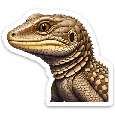 Meme-Worthy cute Sleeping brown camo spotted monitor Lizard Portrait Emoji, Head resting peacefully with a contented smile, showcasing intricately patterned scales and eyes gently closed in serene slumber, Simplified yet comically adorable features, highly detailed, glowing with a soft, drowsy earthy light, high shine, relaxed and utterly lovable, stylized with an air of playful laziness, bright and heartwarming, soft glowing outline, capturing the essence of a sleeping reptilian guardian that feels destined to become the next viral icon of adorable rest! sticker