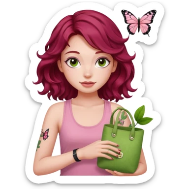 a pretty fair bratz girl with wavy dark red hair, wearing a pink tank top , carrying a matcha and a pink bag. eyeliner on. butterfly tattoo on arm sticker