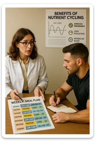 a nutritionist explains to an athlete how to cycle macronutrients for fat loss and training. On the desk, a weekly meal planner shows alternating high-carb and low-carb days, with color-coded sections for proteine, grassi, and carbo. The athlete takes notes, and a chart in the background illustrates the benefits of nutrient cycling. The mood is professional and educational. scritto in italiano sticker