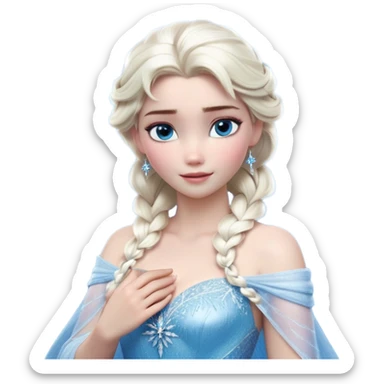 Cinematic Realistic Elsa Portrait, depicted with lifelike skin texture, soft natural lighting, and intricately detailed platinum blonde hair styled elegantly. Her striking, expressive blue eyes exude confidence and grace, complemented by a serene and regal expression. She holds a shimmering snowflake delicately in one hand, her other hand resting against her gown, embodying the power and beauty of winter. She is dressed in her signature icy attire, with shimmering fabric textures and delicate folds that catch the light beautifully. The portrait features a soft, enchanting glow with a cool, radiant finish, capturing the essence of timeless elegance in a realistic and painterly style. sticker