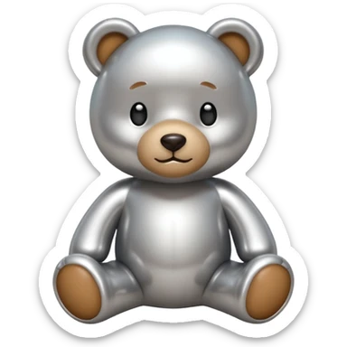 A cute teddy bear emoji made of liquid silver chrome, smooth rounded body, glossy metallic surface, soft reflections, friendly proportions, iOS emoji style, centered, clean white background sticker